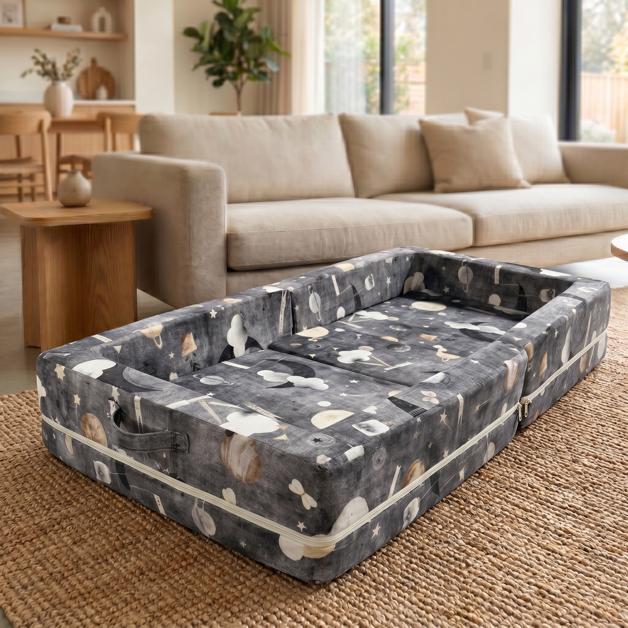 Foldable Toddler Bed in Space Gray set up in a living room