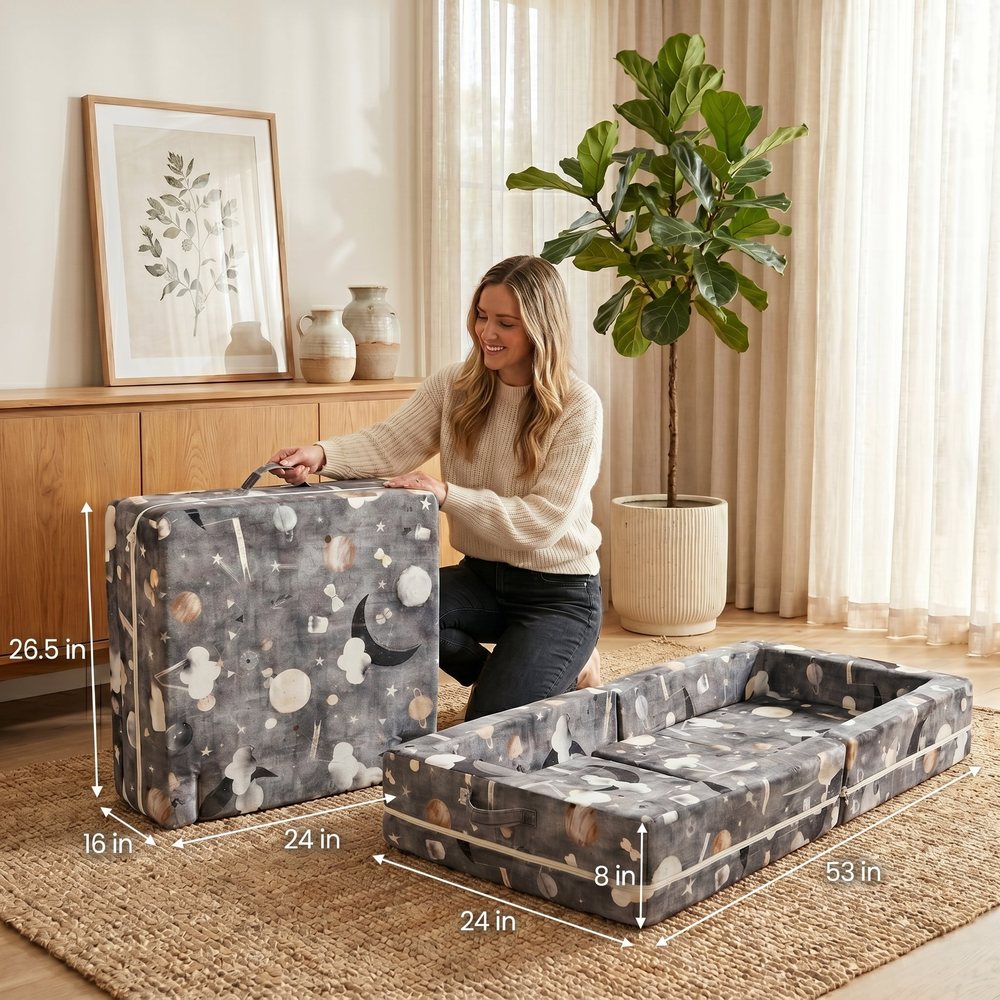 The bed unfolded next to its folded form, showing the solid foam build