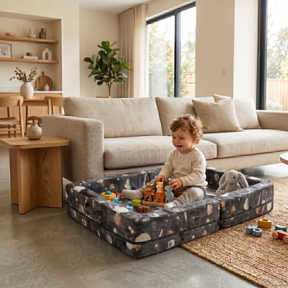 Toddler playing with wooden toys inside the Foldable Toddler Bed in a living room