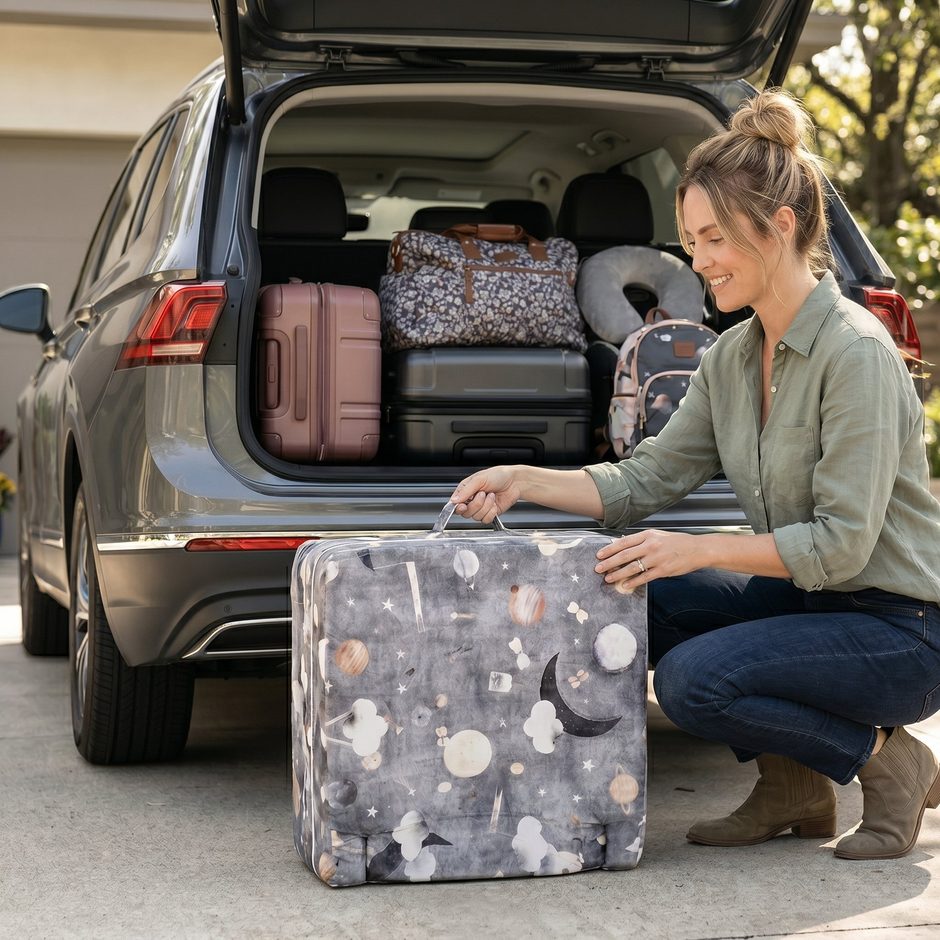 The folded bed carried by its handle beside a packed car